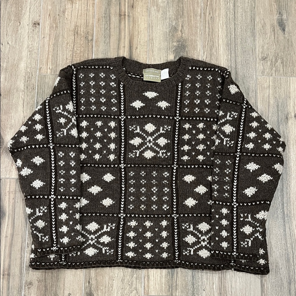 Liz Claiborne Brown and White Patterned Hand Knit Shetland Wool Sweater Size M